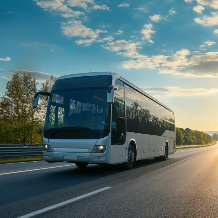 Intercity bus on highway against the backdrop of a sunset.