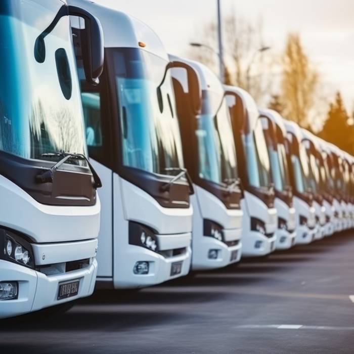 large tour bus rides along parked minibuses